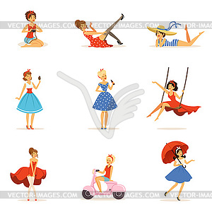 Beautiful retro girls characters set, young women - royalty-free vector clipart