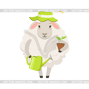 Cute white sheep character wearing green hat holdin - vector clipart / vector image