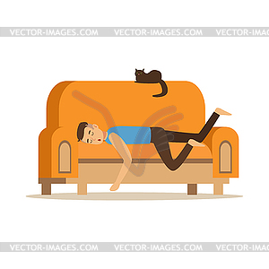 Young man sleeping on orange sofa, relaxing person - vector image