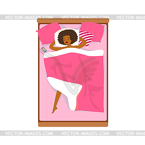 Beautiful african woman sleeping in her bed, - royalty-free vector clipart