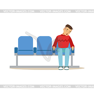 Exhausted man sleeping in chair at airport or - vector image