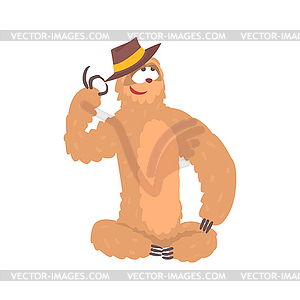 Cute cartoon sloth character wearing hat sitting - vector clipart