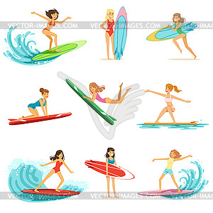 Surfer girls riding on waves set, surfboarders in - vector clip art