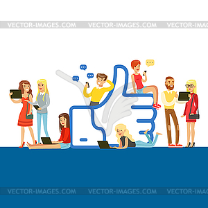 Young people standing and sitting near giant Like - vector image