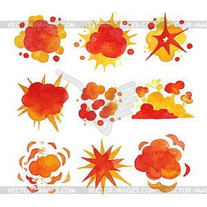 Explosions set, fire explosion effect watercolor s - vector image