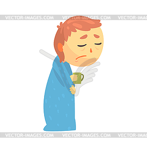 Sick boy character with flu wrapped in blanket - vector image