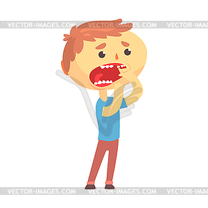 Unhappy boy character suffering of toothache cartoon - vector clip art