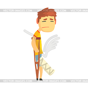 Sad unhappy boy with broken leg walking with - vector image