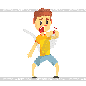 Frightened boy with broken hand with blood cartoon - vector image