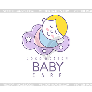 Baby care logo design, emblem with cute sleeping - vector clip art