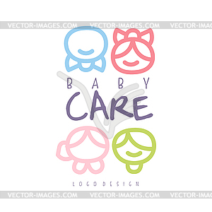 Baby care logo design, emblem with kid faces, - vector image