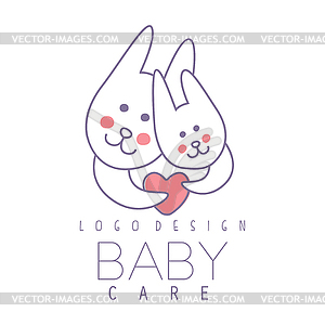 Baby care logo design, emblem with two cute - vector image