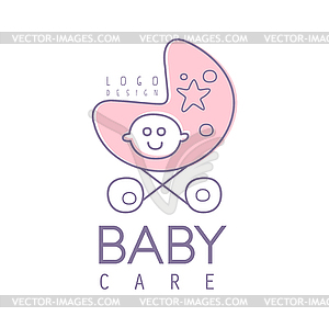 Baby care logo design, emblem with pink baby - vector clipart