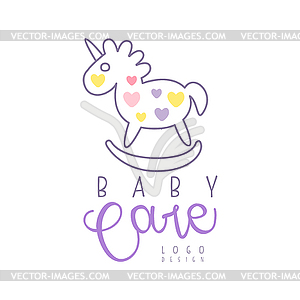 Baby care logo design, emblem with rocking horse - vector EPS clipart