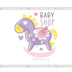 Baby shop logo design, emblem with rocking horse - vector image