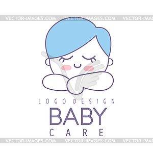 Baby care logo design, emblem with cute sleeping - vector clipart