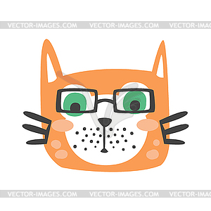 Cute red cat head in glasses, funny cartoon animal - vector clipart / vector image