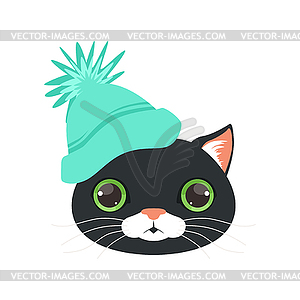 Cute black cat head in turquoise knitted hat, - vector clip art