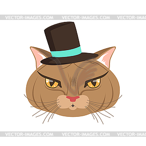 Elegant cat wearing black hat, funny cartoon - vector clip art