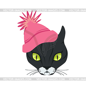 Beautiful black cat head in pink knitted hat, - vector image