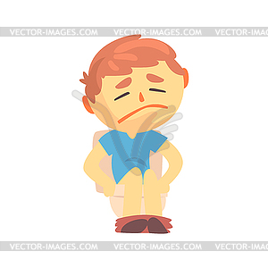 Unhappy boy character sitting on toilet suffering o - color vector clipart