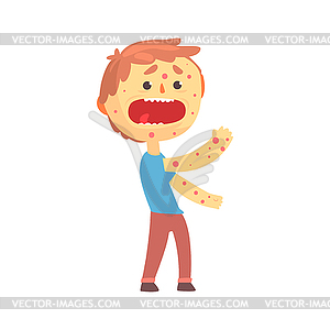 Frightened boy character with rash on his body - vector clip art