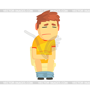 Unhappy boy sitting on toilet suffering of - vector image