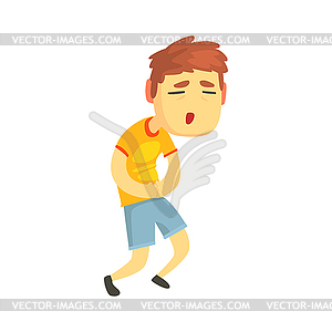 Unhappy boy suffering of stomach ache cartoon - vector image