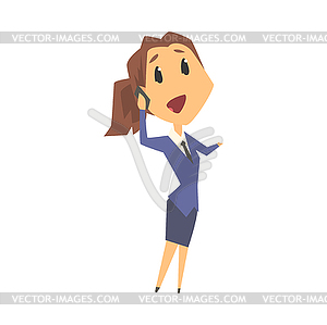 Businesswoman character in formal wear talking on - vector clipart