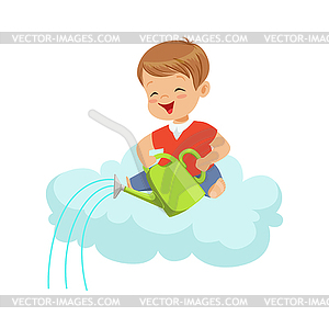 Happy smiling little boy pouring water while sittin - vector image