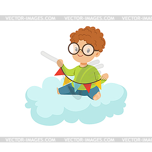 Cute little boy sitting on cloud playing with - vector clipart