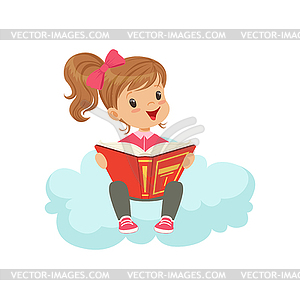 Sweet little girl sitting on cloud reading book, - vector clip art