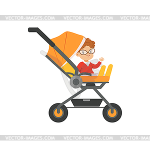 Cute little boy in glasses sitting in an orange bab - vector image