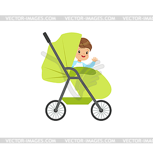 Cute little boy sitting in green baby pram, safety - vector clipart