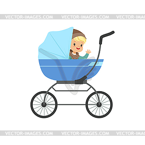 Cute little boy sitting in blue baby pram, safety - vector image