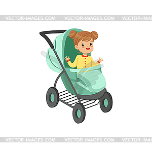 Adorable little girl sitting in an turquoise baby - vector clip art