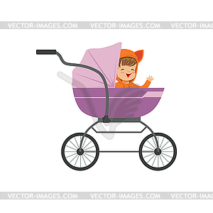 Sweet little kid sitting in purple baby pram, safet - vector clipart