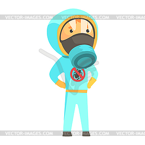 Exterminator in blue protection uniform, pest - vector image