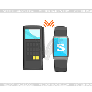 POS terminal confirming payment using smart watch, - vector EPS clipart