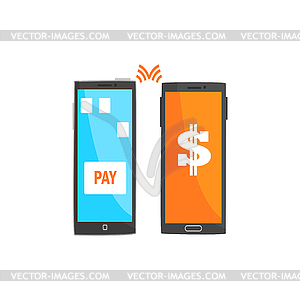 Платежная транзакция со смартфонами, мобильными - векторное графическое изображение