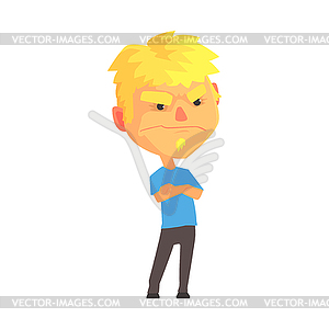 Young skeptical man crossing his arms cartoon - vector image