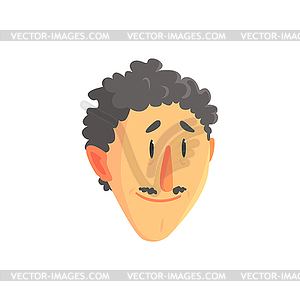 Young curly man head, positive male face with - vector clip art