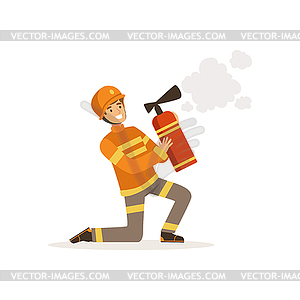 Fireman character in uniform and protective helmet - vector image