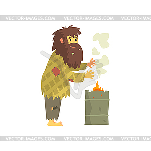 Dirty homeless man warming himself near fire, - vector image