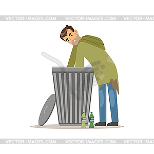 Young homeless man character looking for food in - color vector clipart