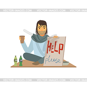 Homeless man character holding signboard asking - vector clip art