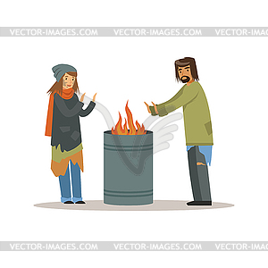 Бездомные мужчины и женщина согреваются возле огня - векторизованный клипарт