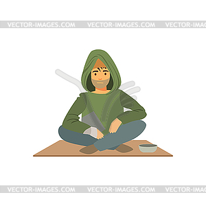 Young homeless man character sitting on street - vector clipart