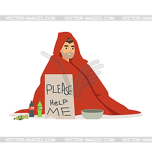 Dirty young homeless man character wrapped in - vector clipart