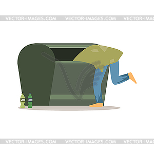 Young homeless man character looking for food in - vector clip art